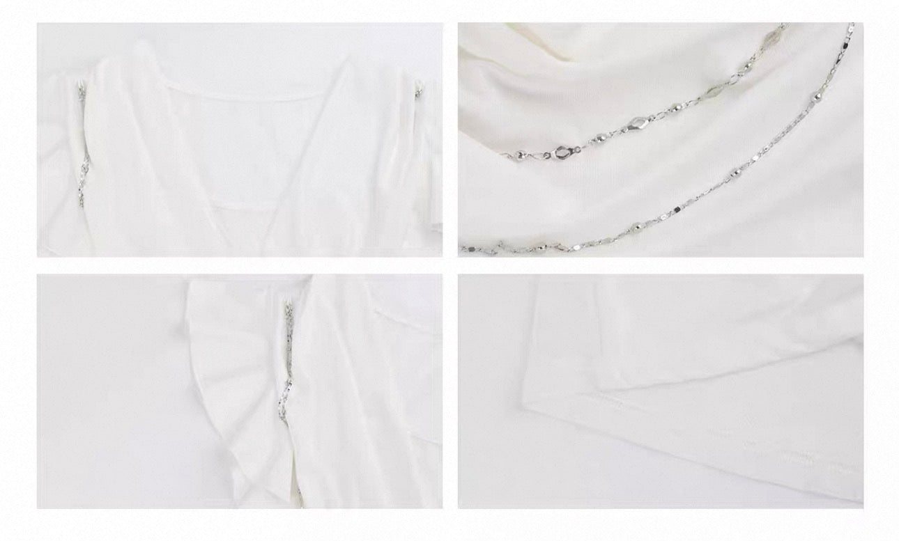 Sheer Lace Cowl-Neck Chain Detail Top