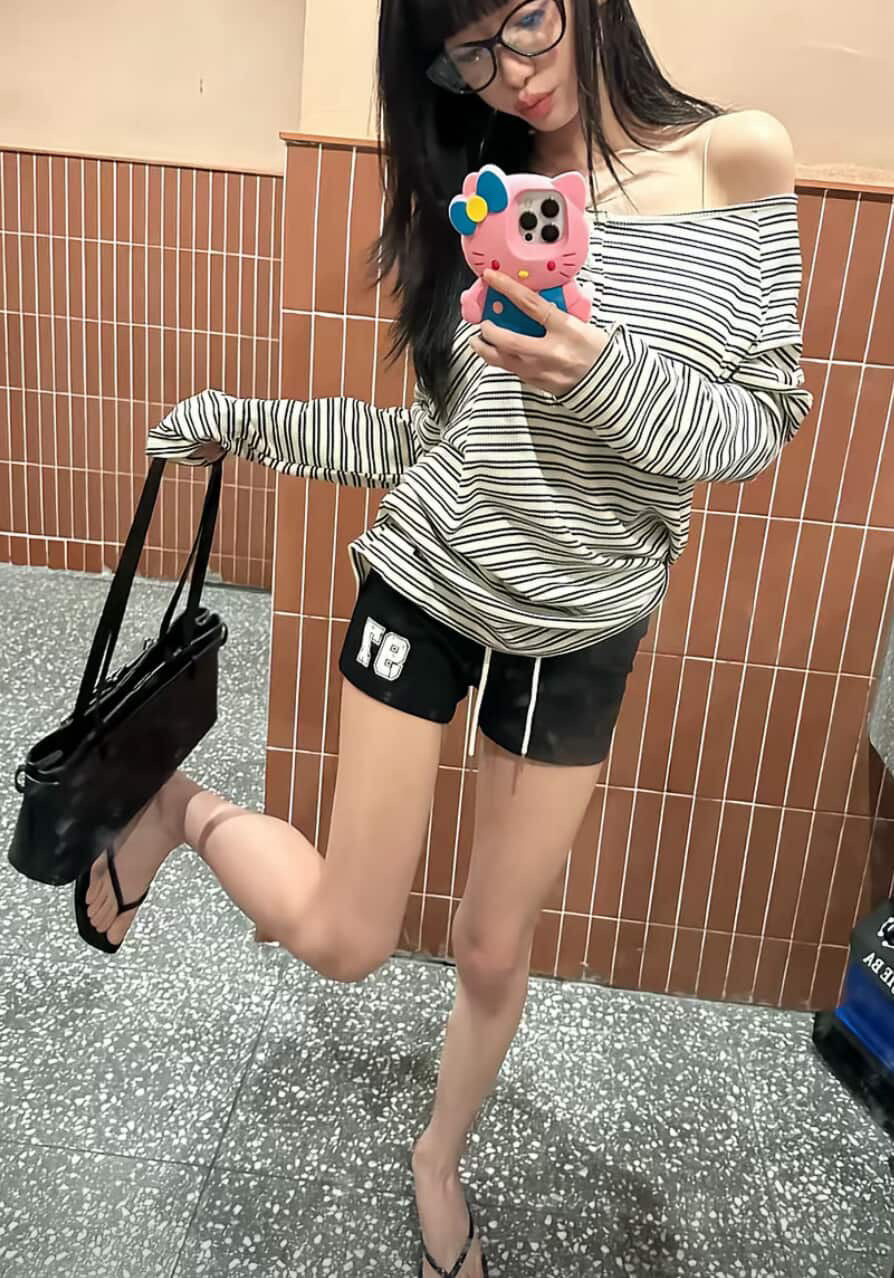 Off-Shoulder Striped Print Long Sleeve Shirt