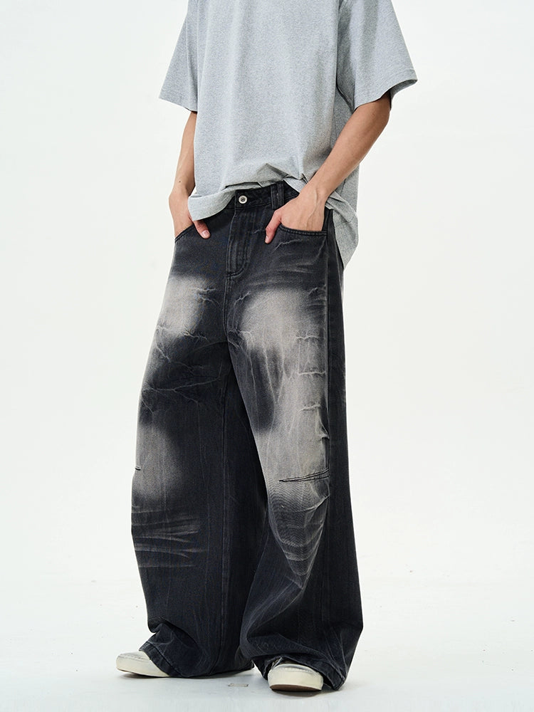 "Lightning Crack" Distressed Washed Black Jeans