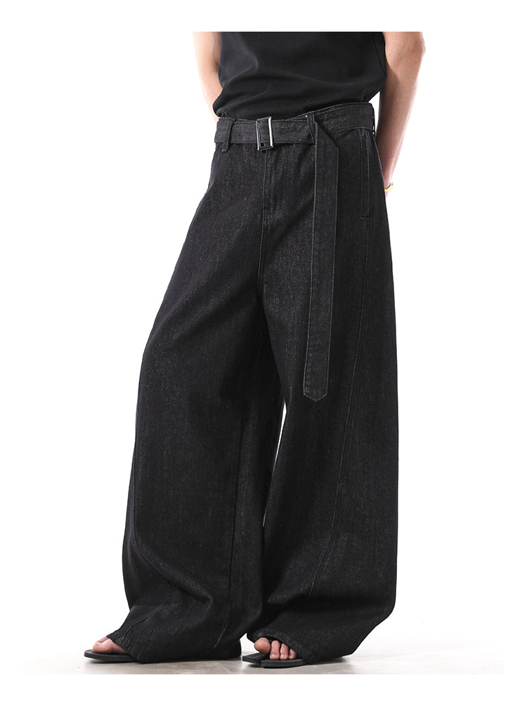 Adjustable Belt A-Line Wide-Leg Loose Black Jeans