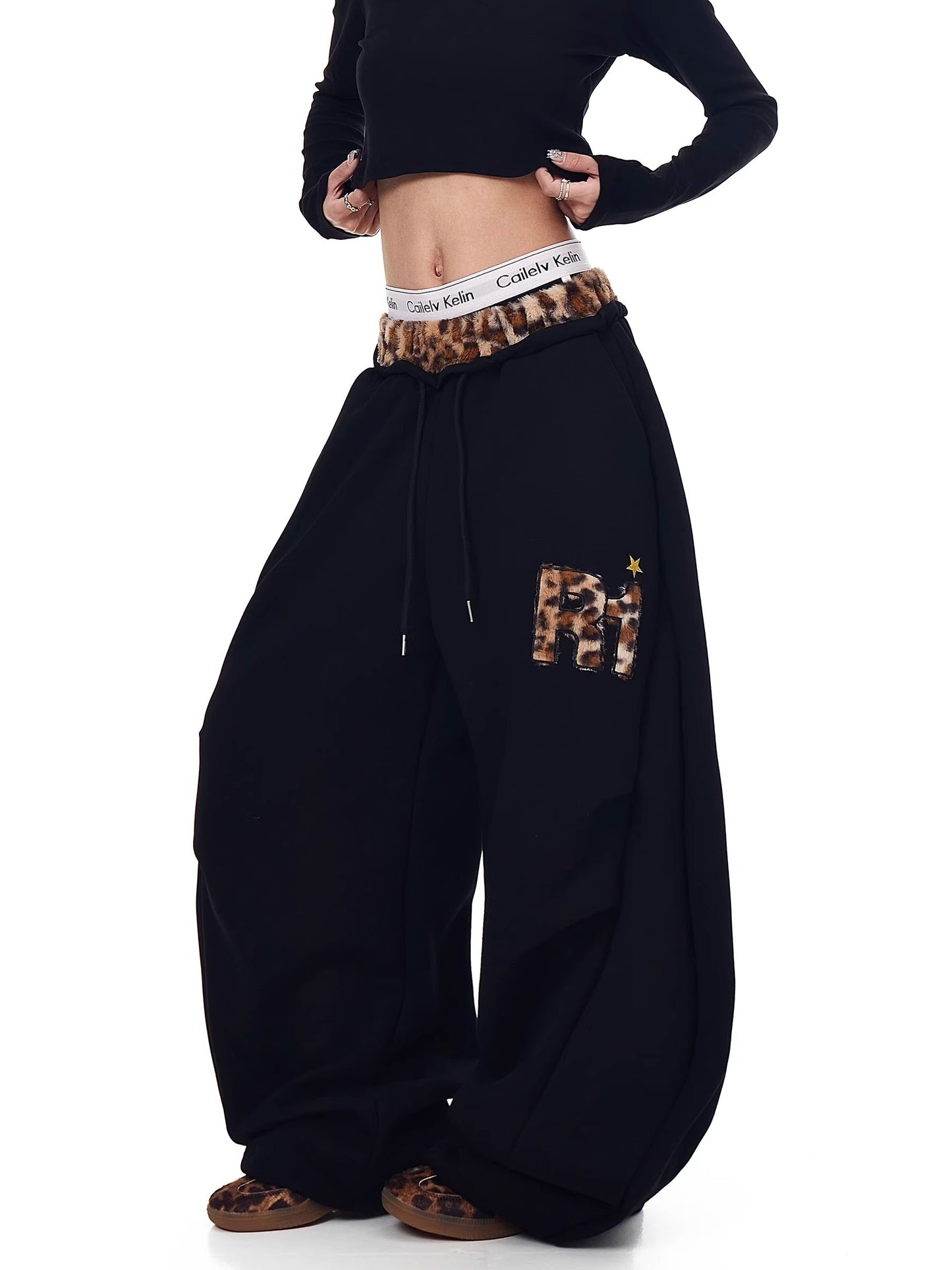 Retro Leopard Patchwork Wide-Leg Sweatpants