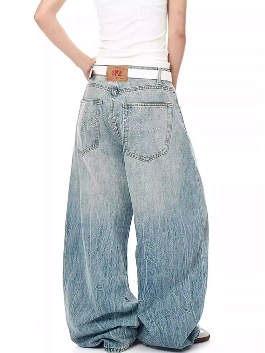 Retro Lightning Rhinestone Wide-Leg Jeans