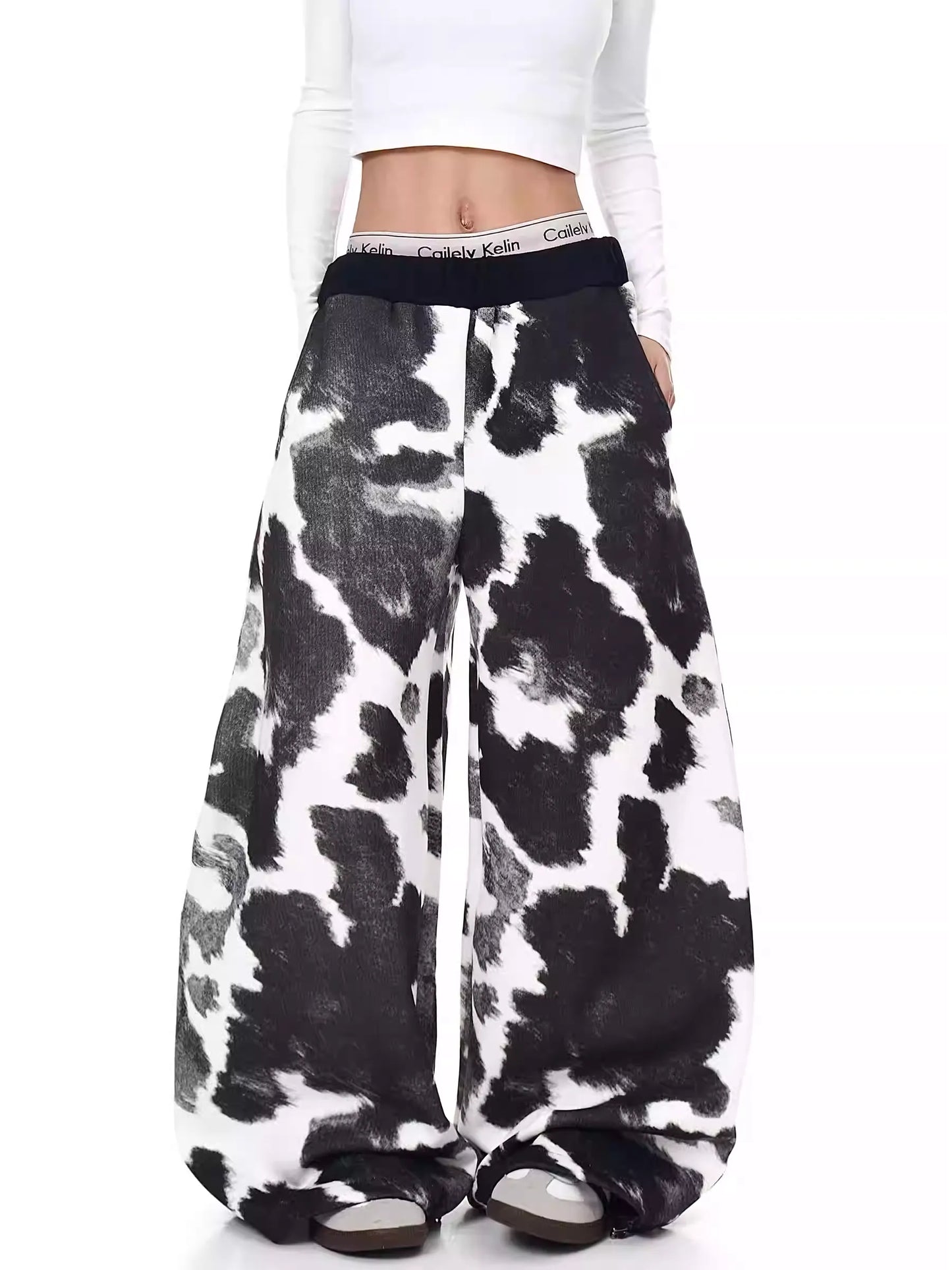 Retro Cow Print Wide-Leg Sweatpants