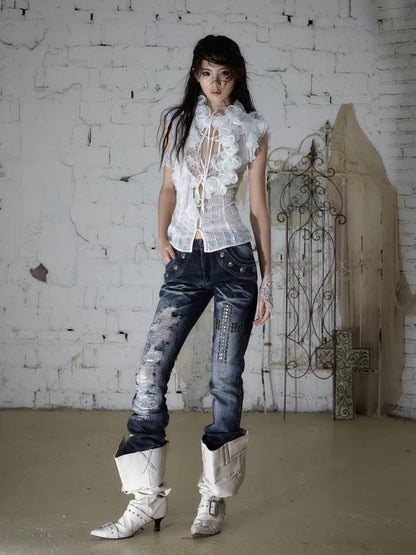 Rhinestone Distressed Straight-Leg