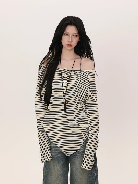 Off-Shoulder Striped Print Long Sleeve Shirt