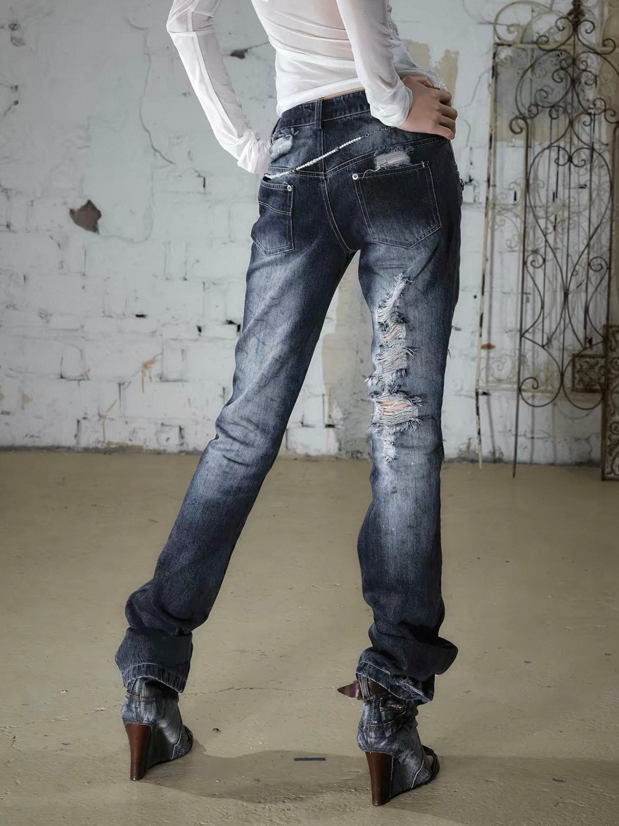 Rhinestone Distressed Straight-Leg