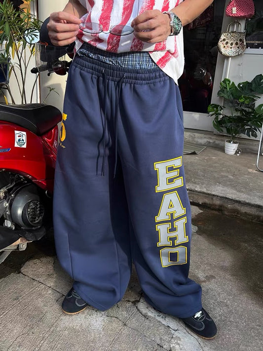 EAHO Letter Logo Print Drawstring Wide-Leg Sweatpants