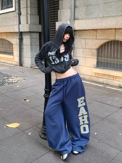 EAHO Letter Logo Print Drawstring Wide-Leg Sweatpants