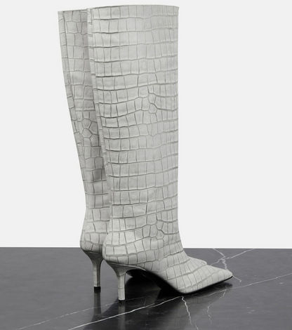 Croc-Effect High Knee Leather Boots