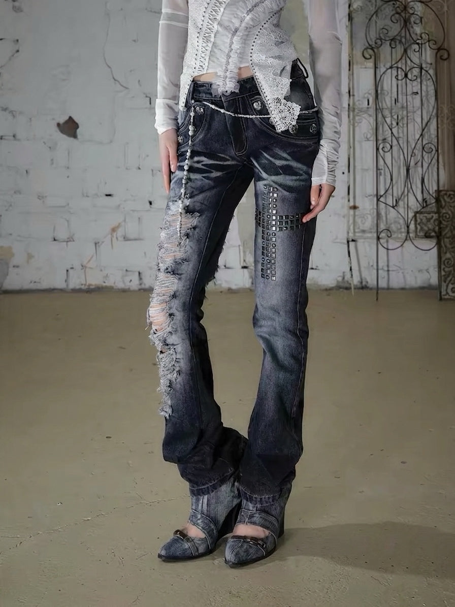 Rhinestone Distressed Straight-Leg