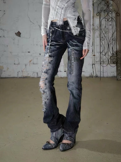 Rhinestone Distressed Straight-Leg