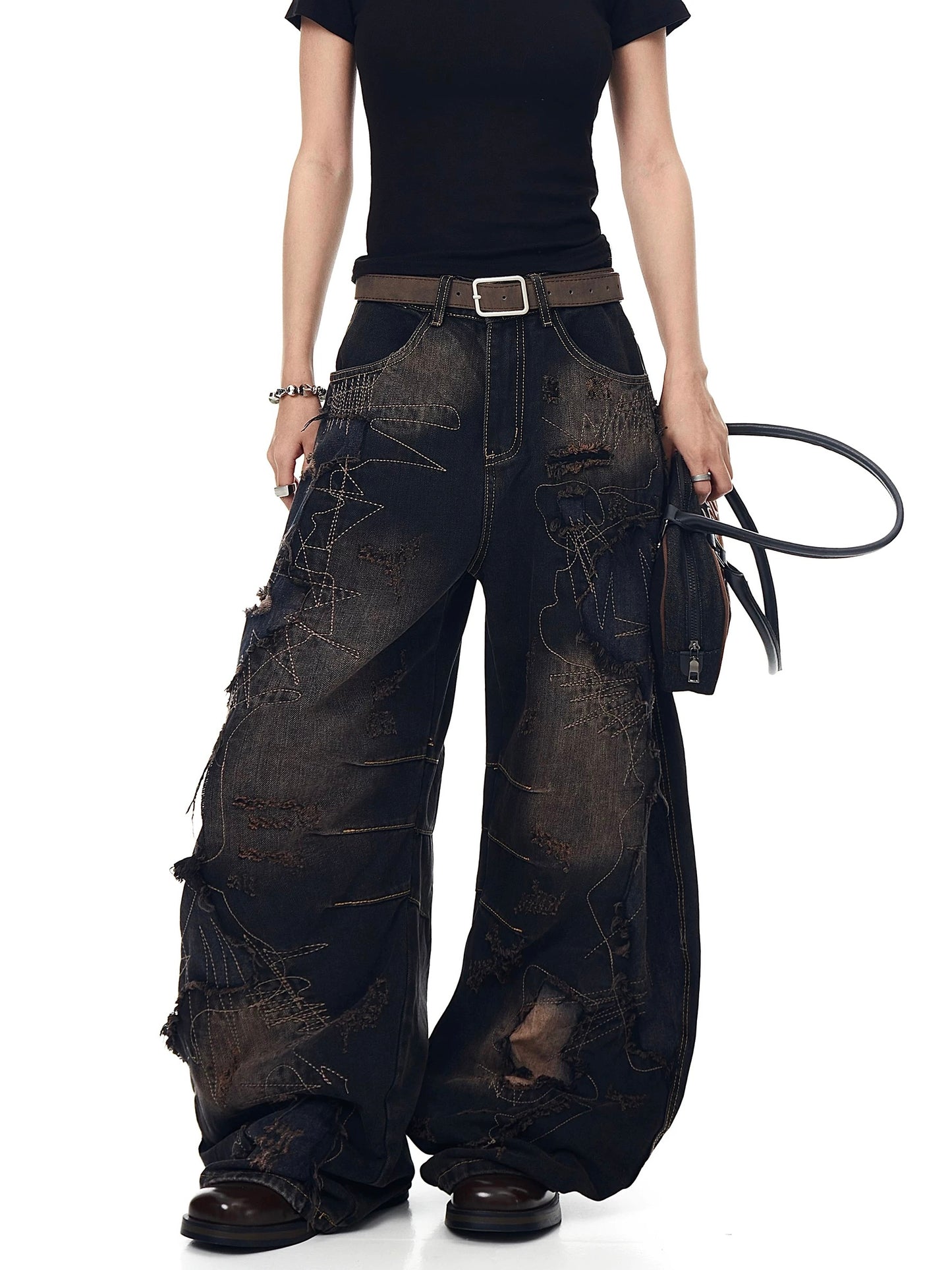 Heavy Industry Patch Washed Old Raw Edge Deconstructed Scimitar Jeans