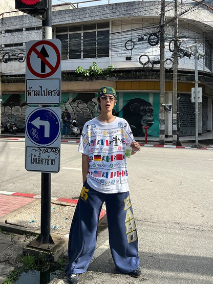 EAHO Letter Logo Print Drawstring Wide-Leg Sweatpants