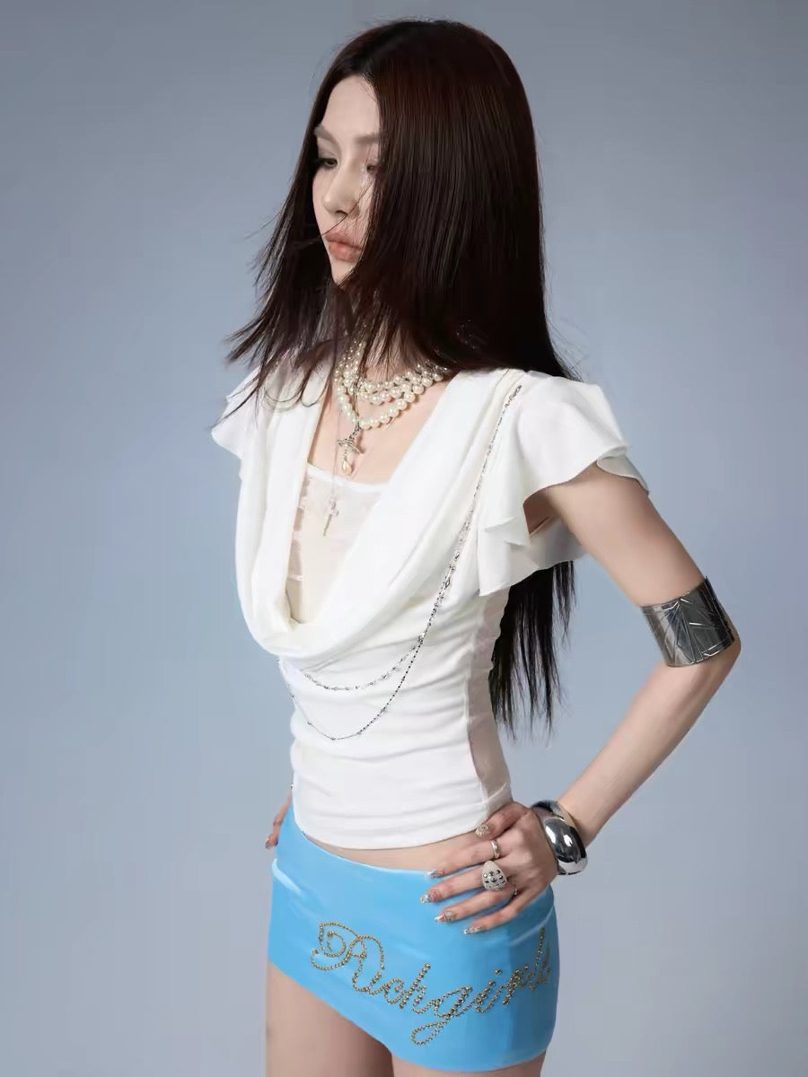Sheer Lace Cowl-Neck Chain Detail Top