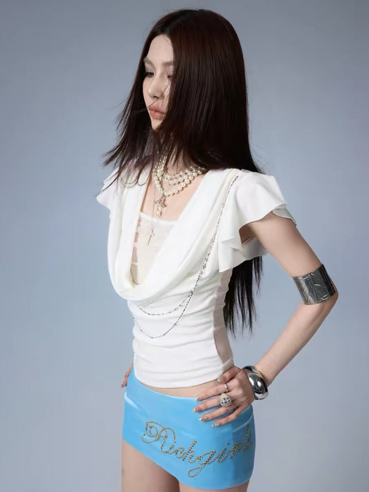 Sheer Lace Cowl-Neck Chain Detail Top