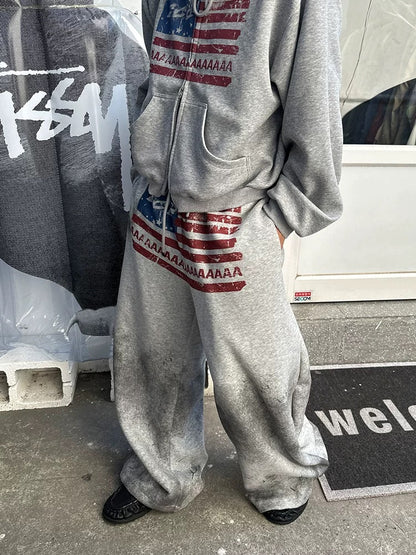 Homemade American Flag Logo Print Drawstring Wide-Leg Sweatpants