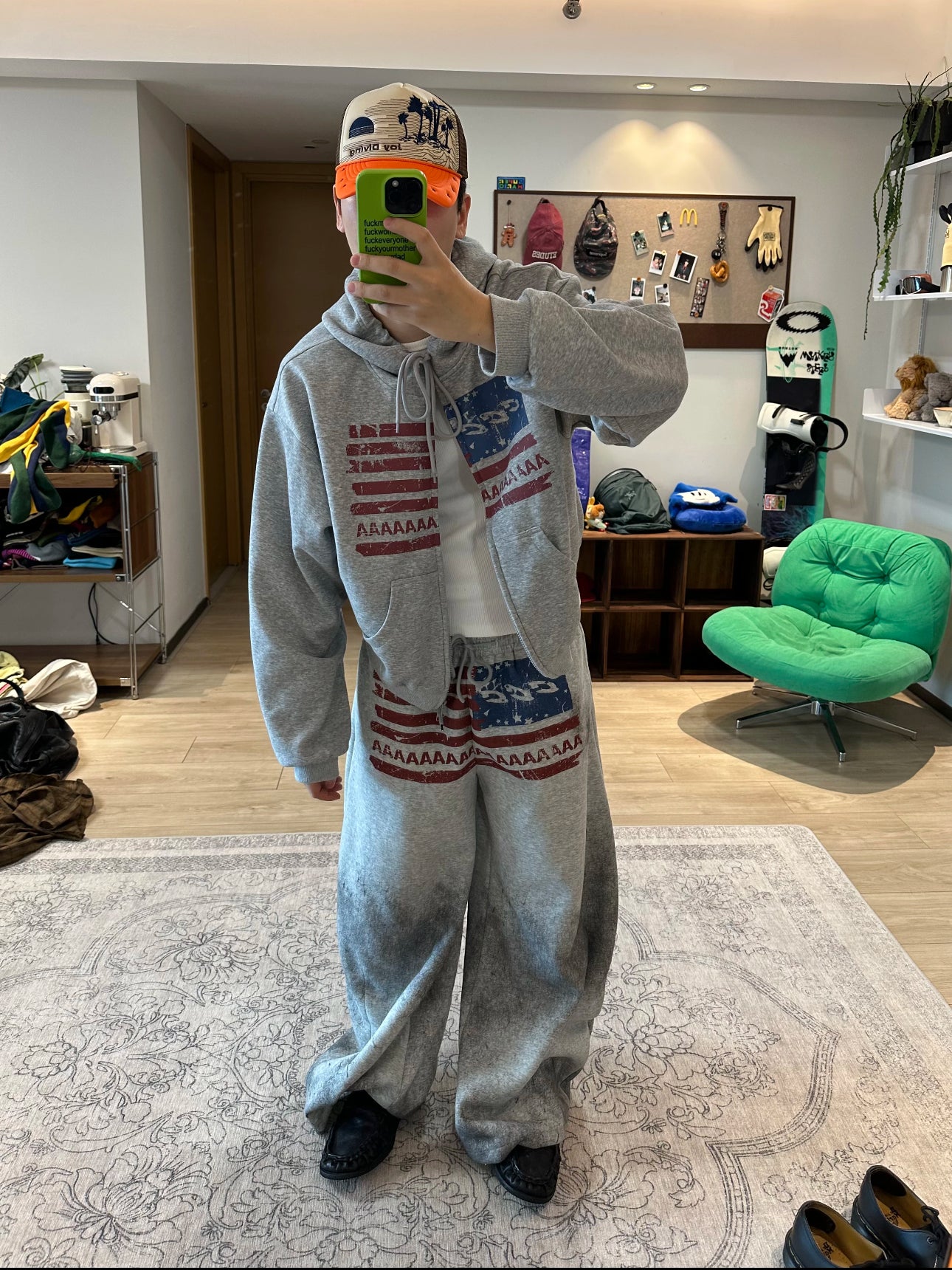 Homemade American Flag Logo Print Drawstring Wide-Leg Sweatpants