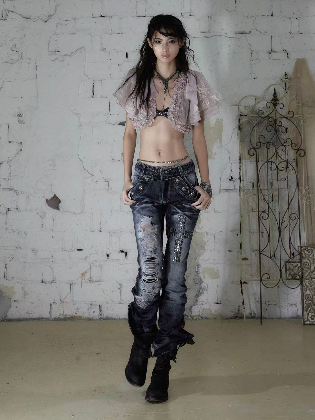 Rhinestone Distressed Straight-Leg