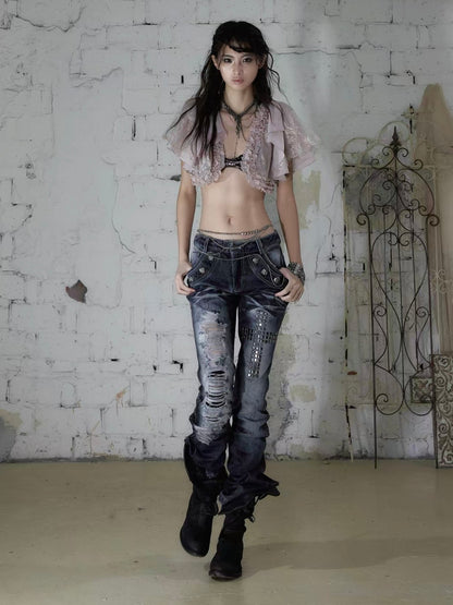 Rhinestone Distressed Straight-Leg