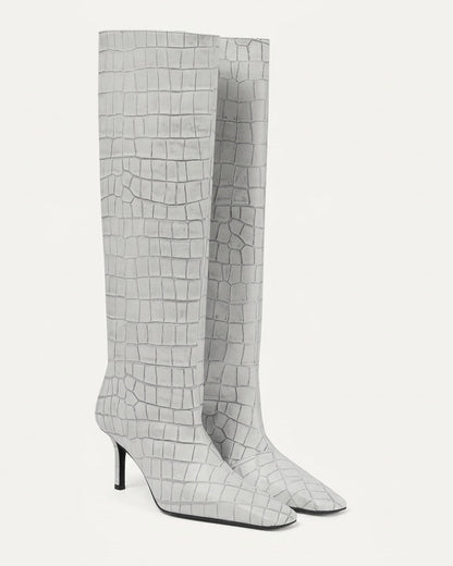 Croc-Effect High Knee Leather Boots