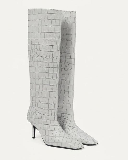 Croc-Effect High Knee Leather Boots