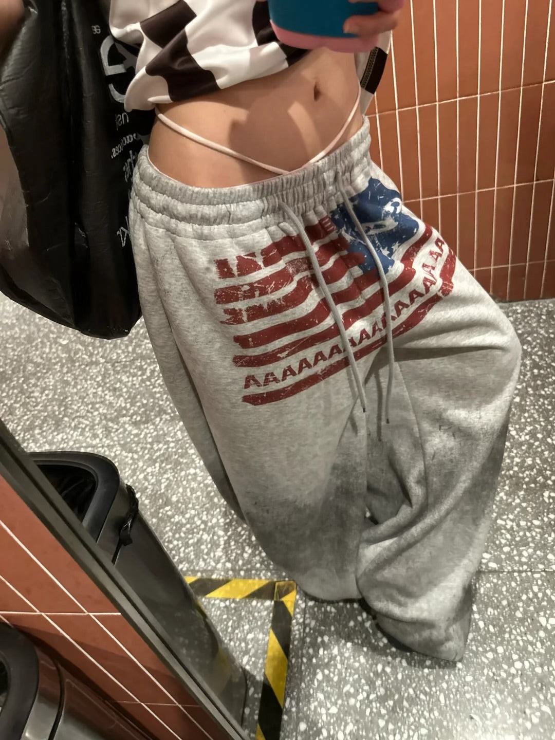 Homemade American Flag Logo Print Drawstring Wide-Leg Sweatpants