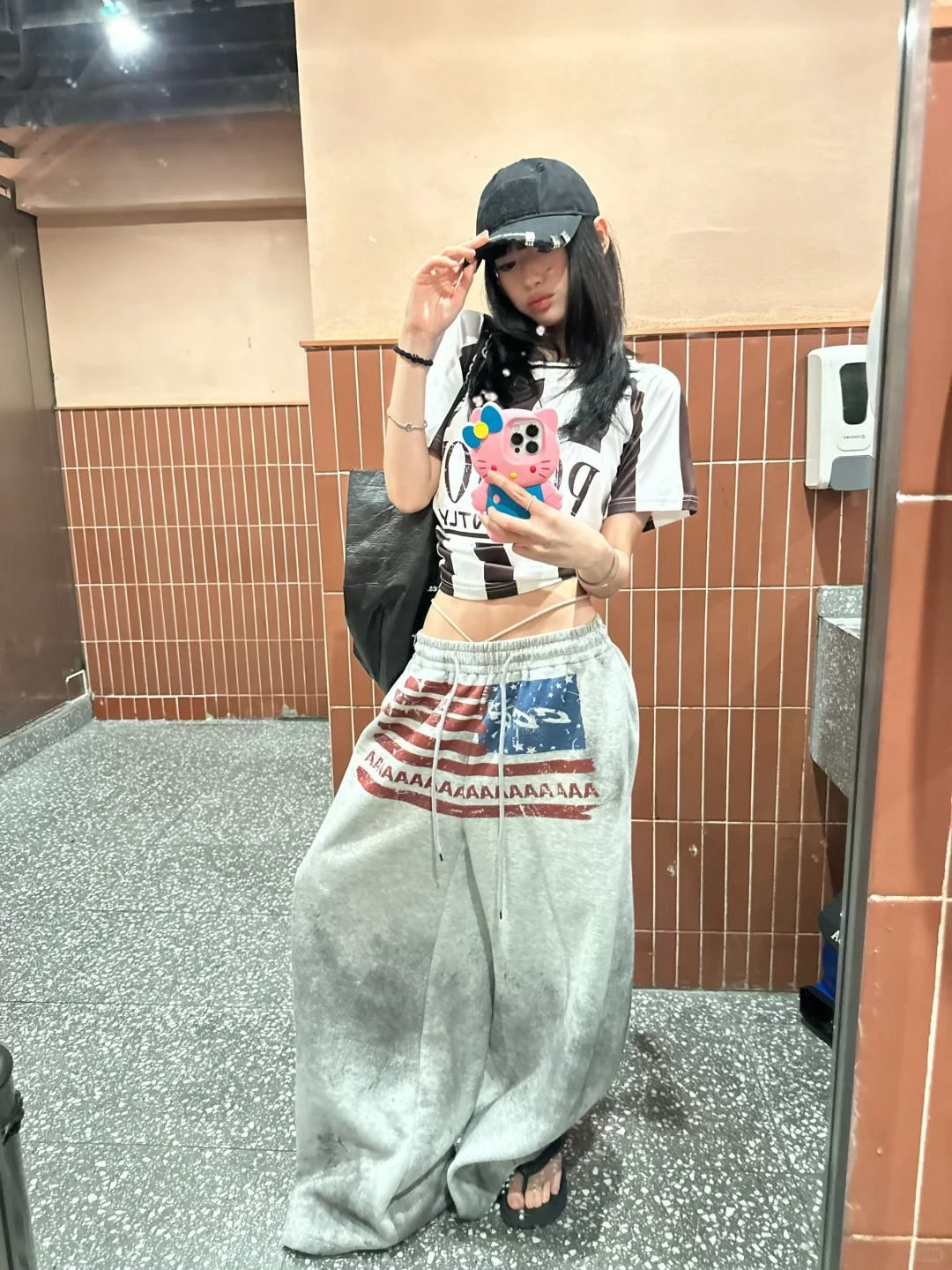 Homemade American Flag Logo Print Drawstring Wide-Leg Sweatpants