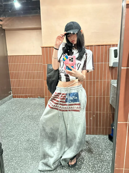 Homemade American Flag Logo Print Drawstring Wide-Leg Sweatpants