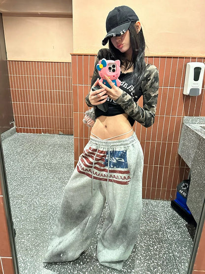 Homemade American Flag Logo Print Drawstring Wide-Leg Sweatpants