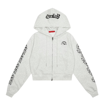 Gothic Letter Print Hooded Zip-Up