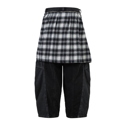 Retro Plaid Skirt Stitching Scimitar Jeans