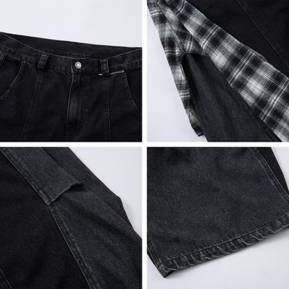 Retro Plaid Skirt Stitching Scimitar Jeans