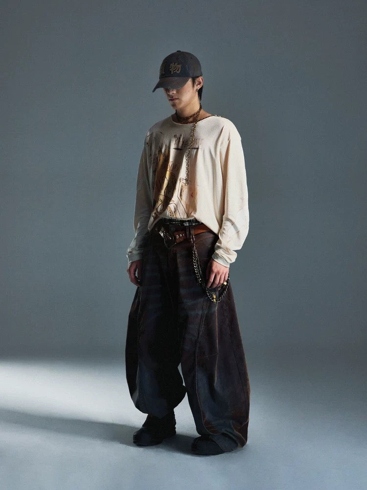 EMOBROTHER* Spray Brown Flocked Shiny Jeans