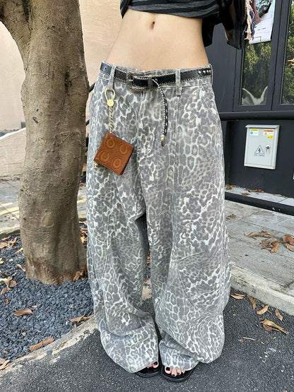 Versatile Oversized Washed Leopard Print Jeans