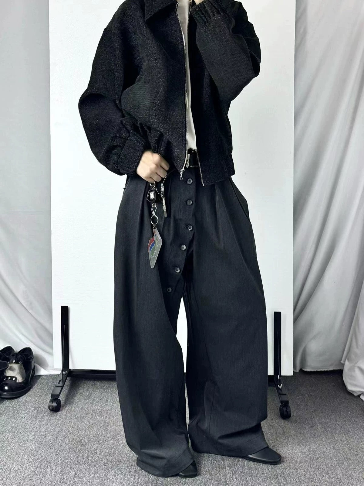 "Lunar Eclipse" Ring Button Pleated Trouser