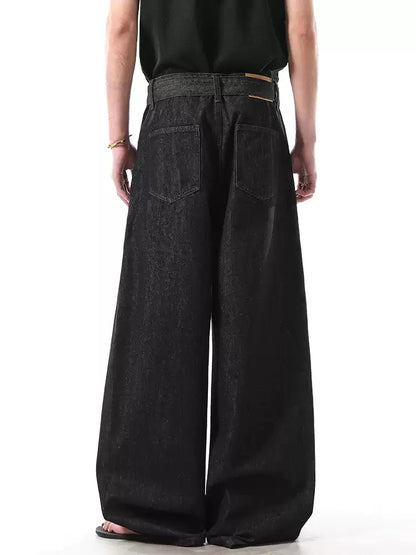Adjustable Belt A-Line Wide-Leg Loose Black Jeans