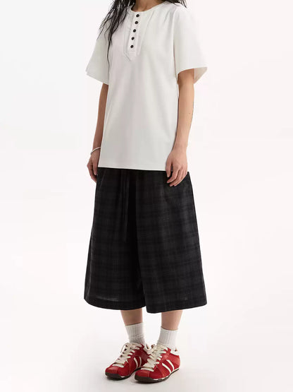 Lazy Plaid Elastic Waist Wide Leg Cropped Pants