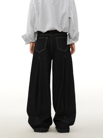 Black Wide-Leg Pleated Denim Pants