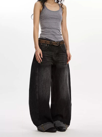 Washed Wide-Leg Casual Scimitar Jeans