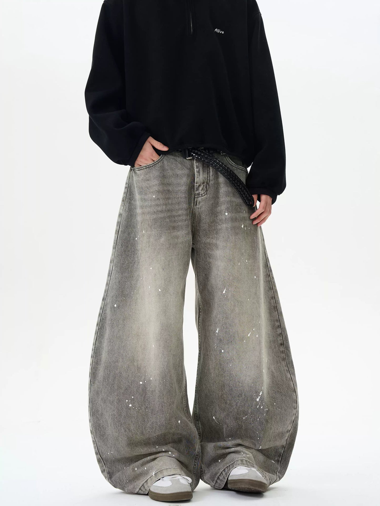 Washed Distressed Grey Ink-Splashed Scimitar Jeans