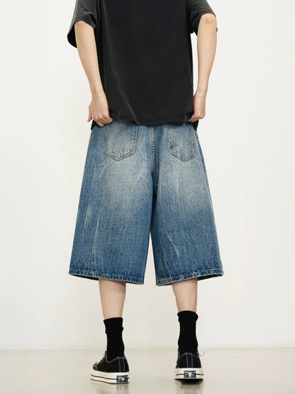 Washed Lightning Pattern Denim Shorts