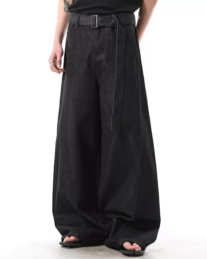 Adjustable Belt A-Line Wide-Leg Loose Black Jeans