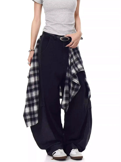 Retro Plaid Skirt Stitching Scimitar Jeans
