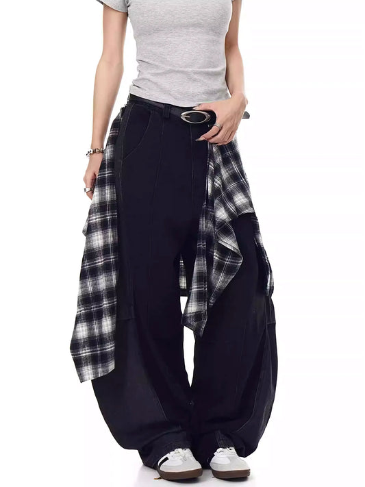Retro Plaid Skirt Stitching Scimitar Jeans