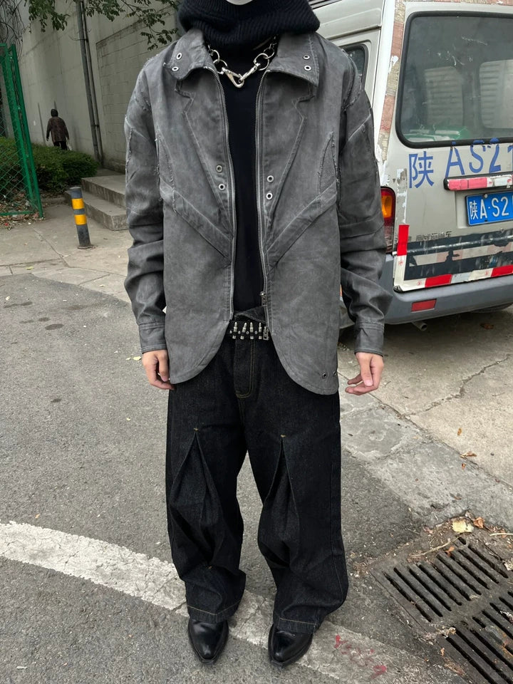 Black Wide-Leg Pleated Denim Pants