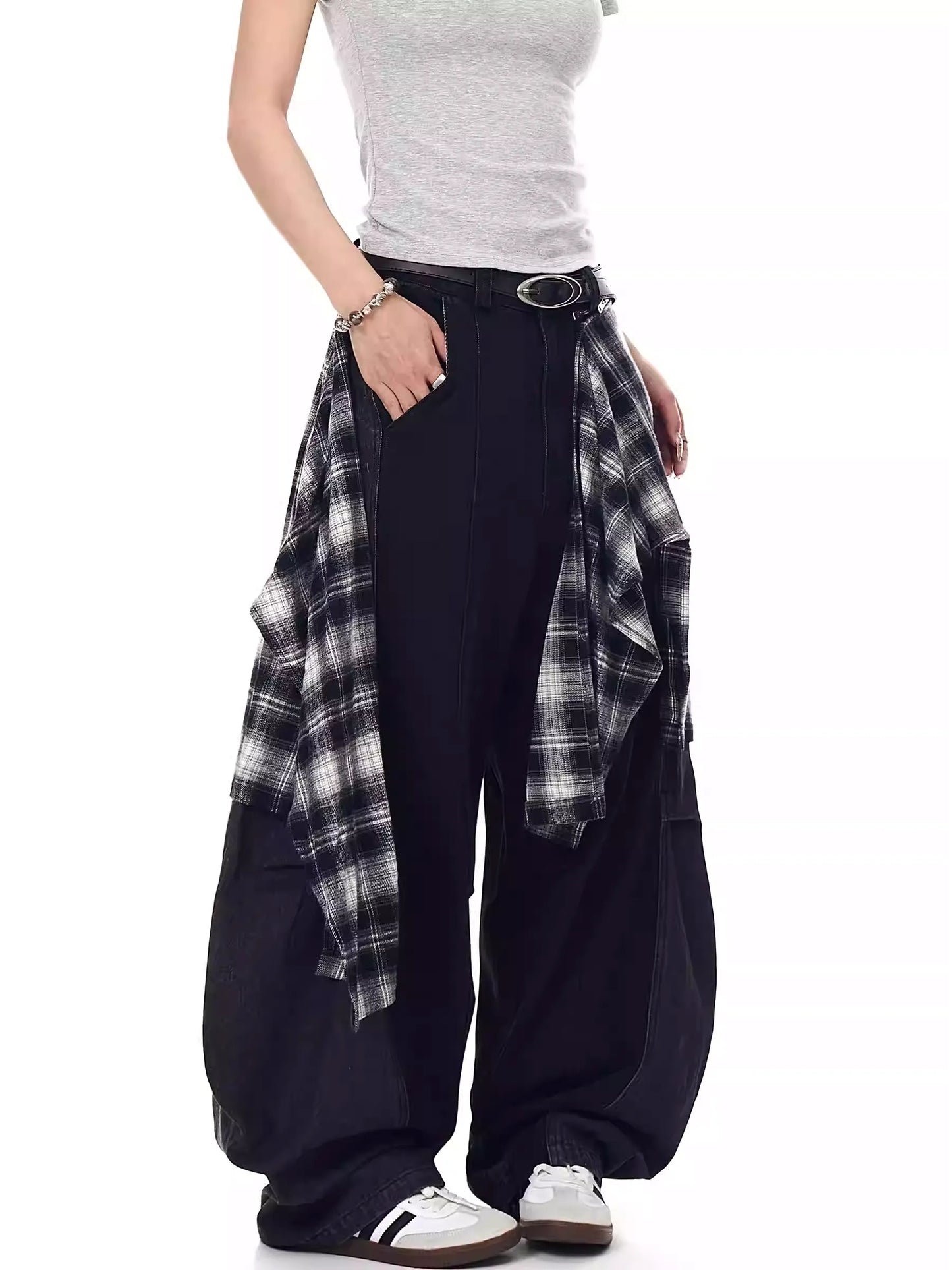 Retro Plaid Skirt Stitching Scimitar Jeans