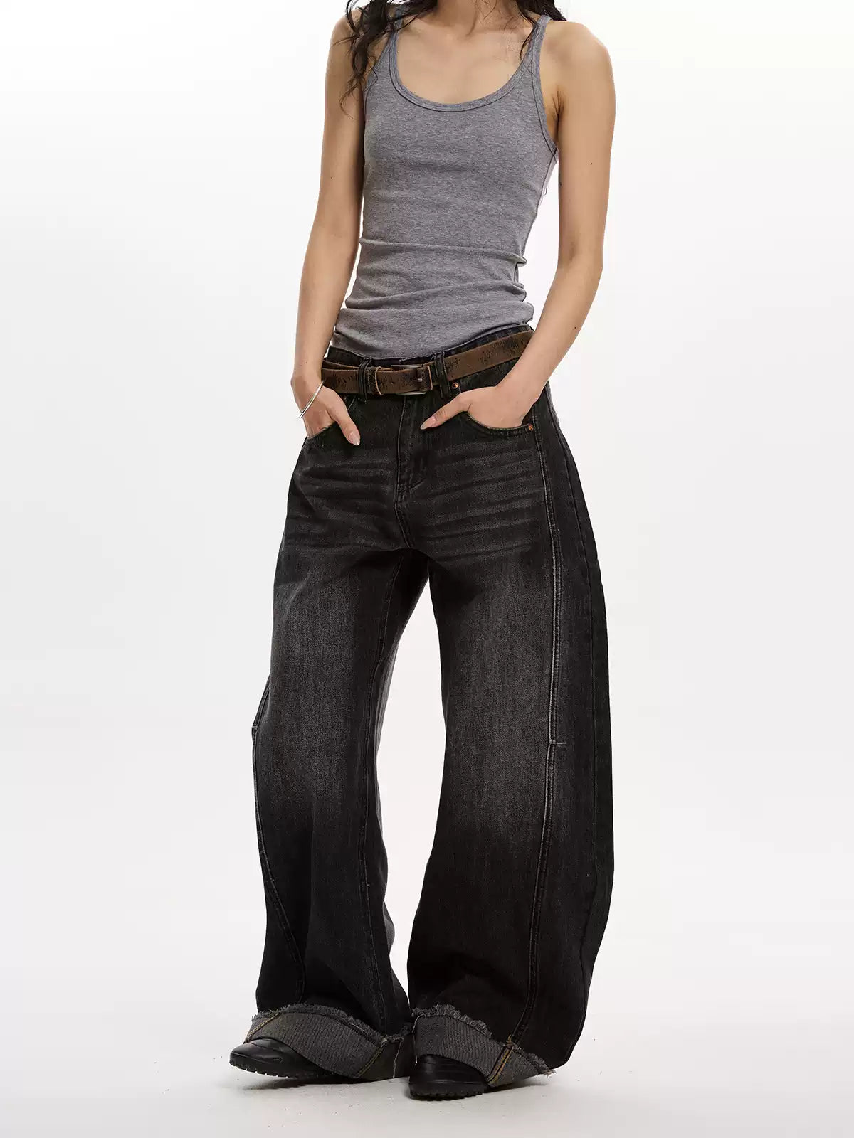 Washed Wide-Leg Casual Scimitar Jeans