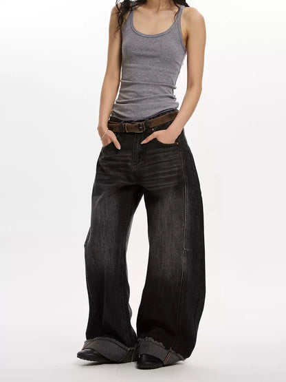 Washed Wide-Leg Casual Scimitar Jeans