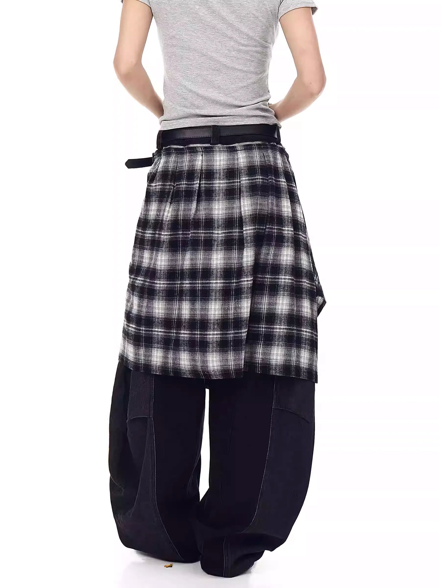 Retro Plaid Skirt Stitching Scimitar Jeans