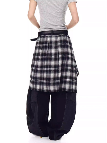 Retro Plaid Skirt Stitching Scimitar Jeans